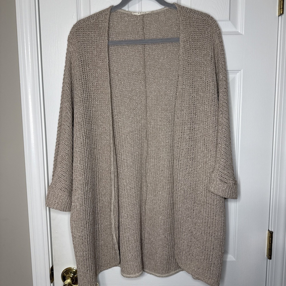 Entro Chunky Knit Open Cardigan Taupe Oatmeal Pockets Medium Cozy Oversized